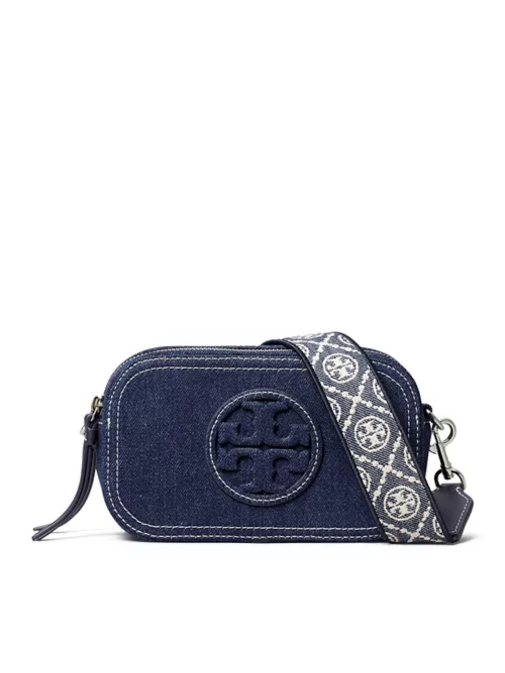 Tory Burch Miller Denim Camera Crossbody with Jacquard Logo Strap